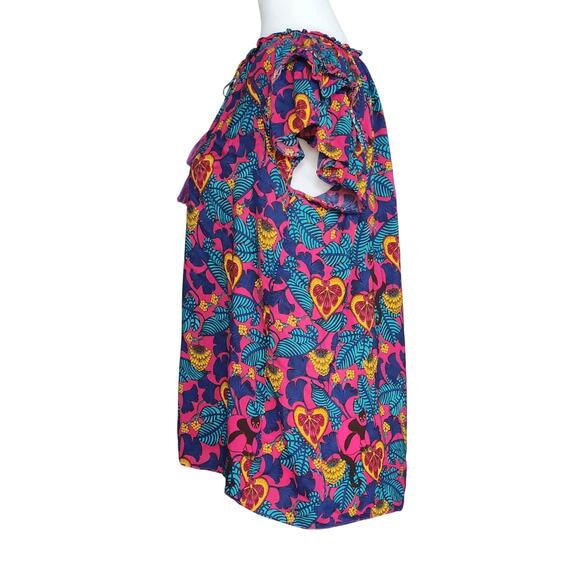 Rose + Olive Tropical Monkey Print Boho Tassel Flutter Sleeve Blouse Size L - Picture 3 of 8